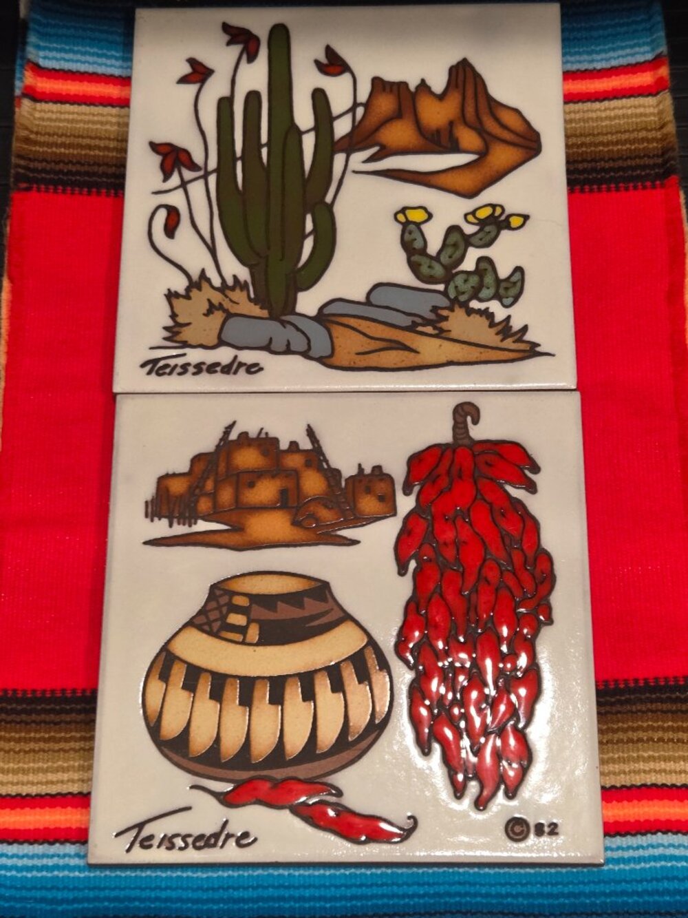 CLEO TEISSEDRE (2) Hand Painted Tile/Coaster/Trivet/Wall Decor 6x6 1982 Signed